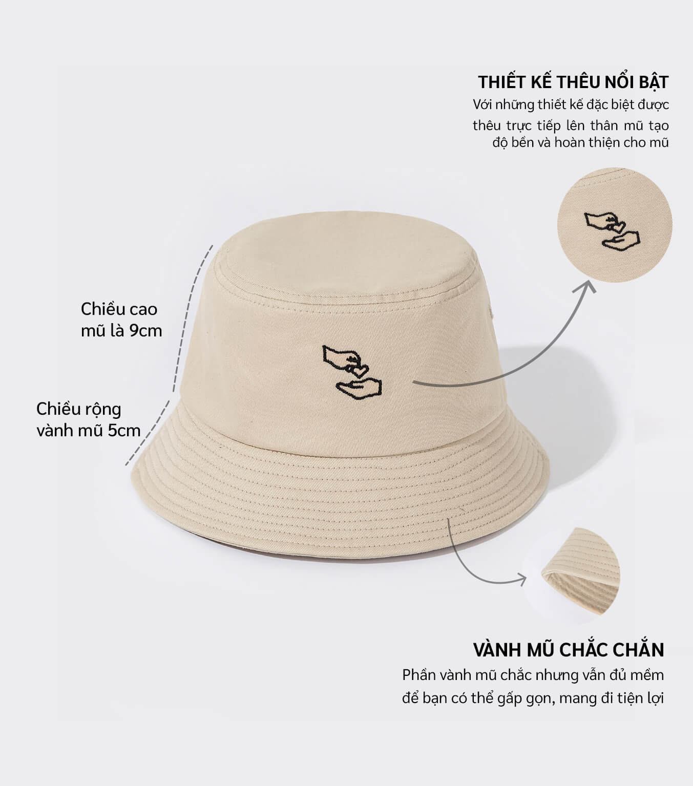 Mũ Bucket Hat thêu Heart Symbol - Be - Ảnh 5